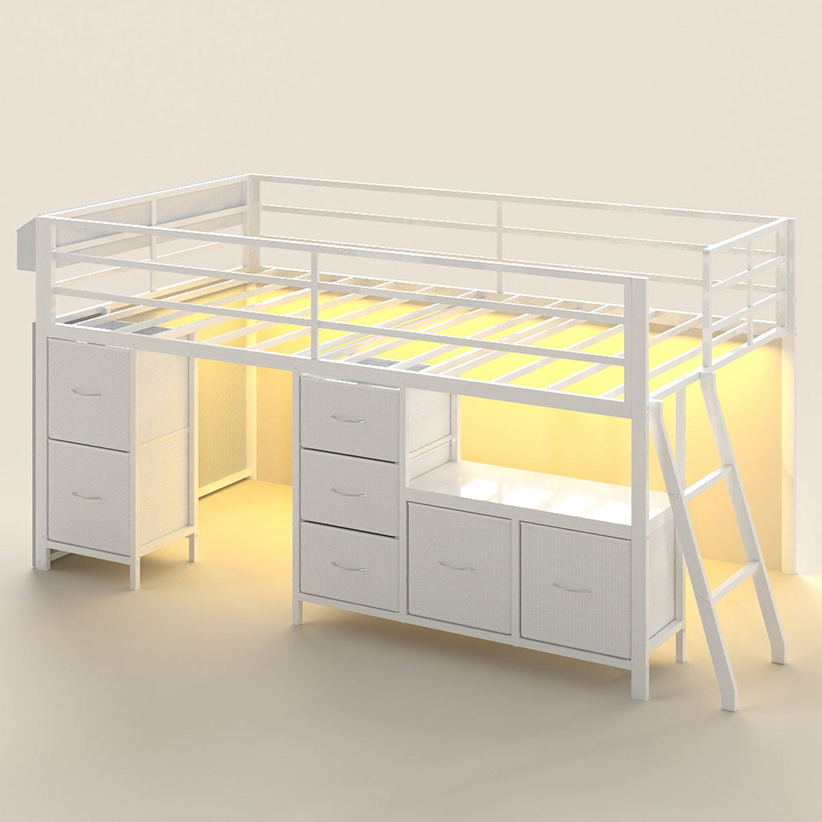 Kids Twin Low Loft Bed with Seven Drawers, Bookcase, RGB LED Lights and Under-Bed Play Area - Sonkuki