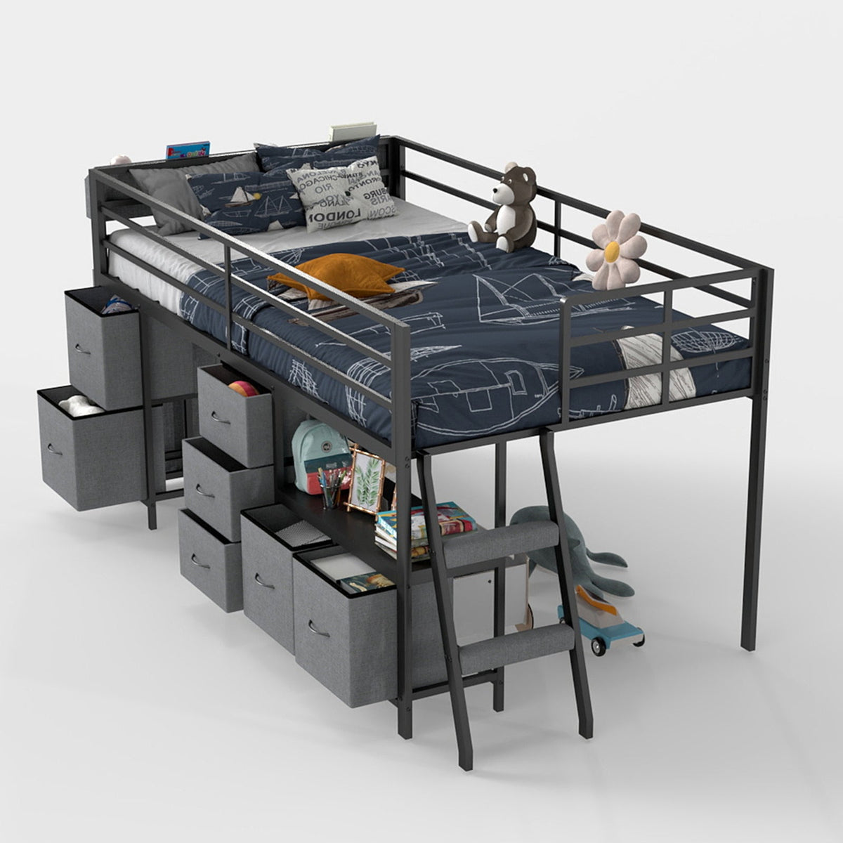 Kids Twin Low Loft Bed with Seven Drawers, Bookcase, RGB LED Lights and Under-Bed Play Area - Sonkuki