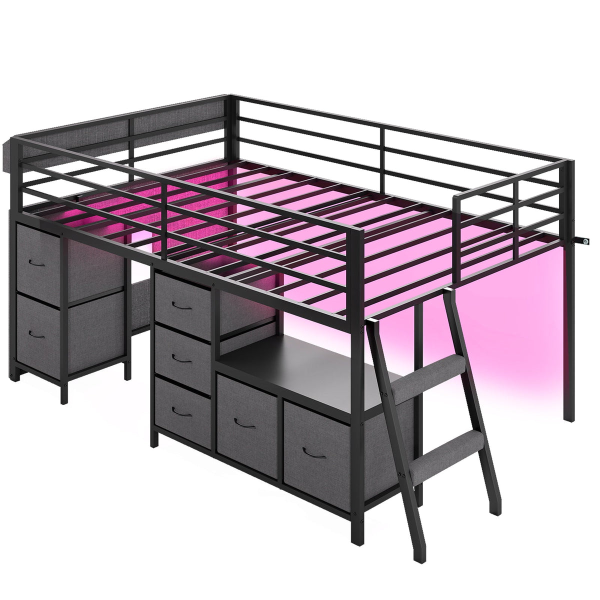 Kids Twin Low Loft Bed with Seven Drawers, Bookcase, RGB LED Lights and Under-Bed Play Area - Sonkuki