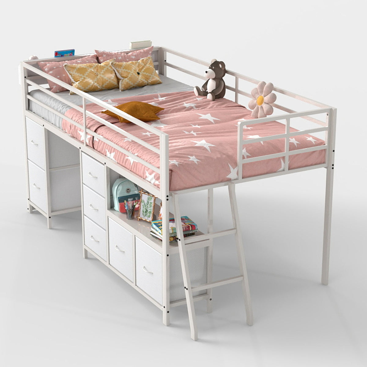 Kids Twin Low Loft Bed with Seven Drawers, Bookcase, RGB LED Lights and Under-Bed Play Area - Sonkuki