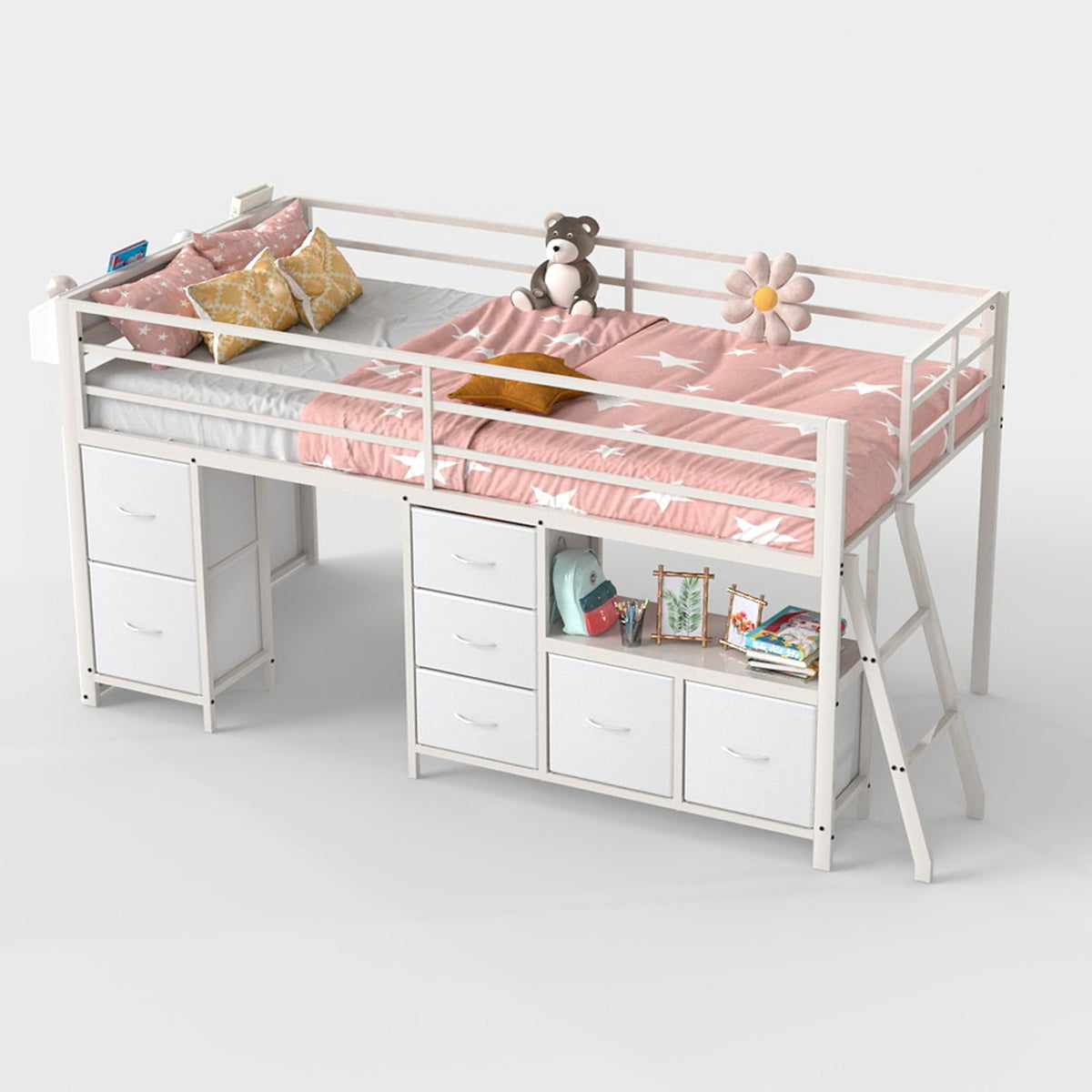 Kids Twin Low Loft Bed with Seven Drawers, Bookcase, RGB LED Lights and Under-Bed Play Area - Sonkuki