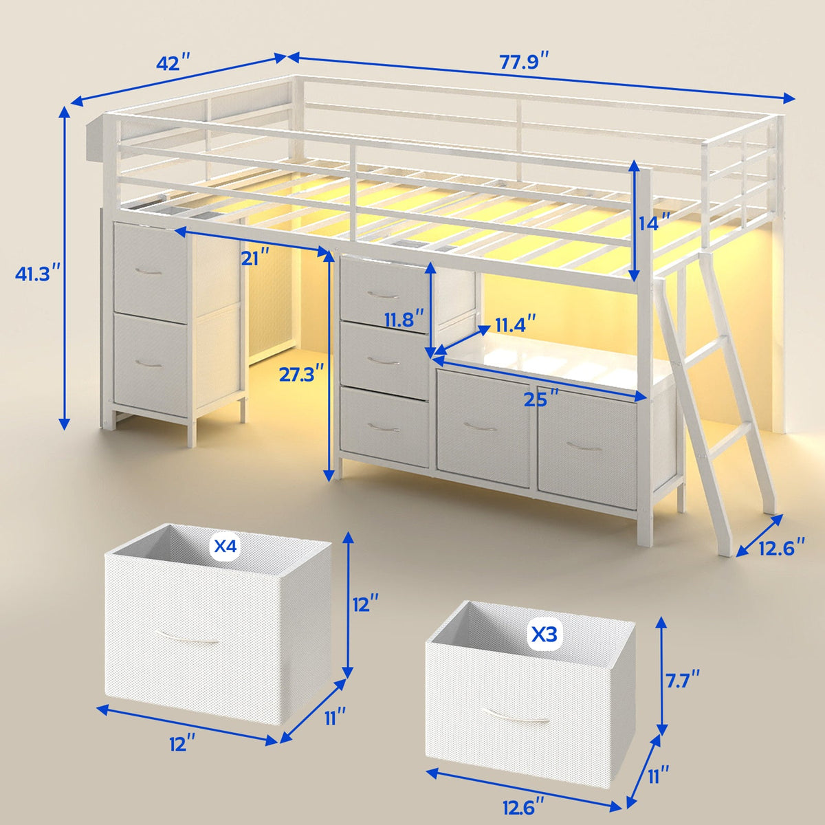 Kids Twin Low Loft Bed with Seven Drawers, Bookcase, RGB LED Lights and Under-Bed Play Area - Sonkuki