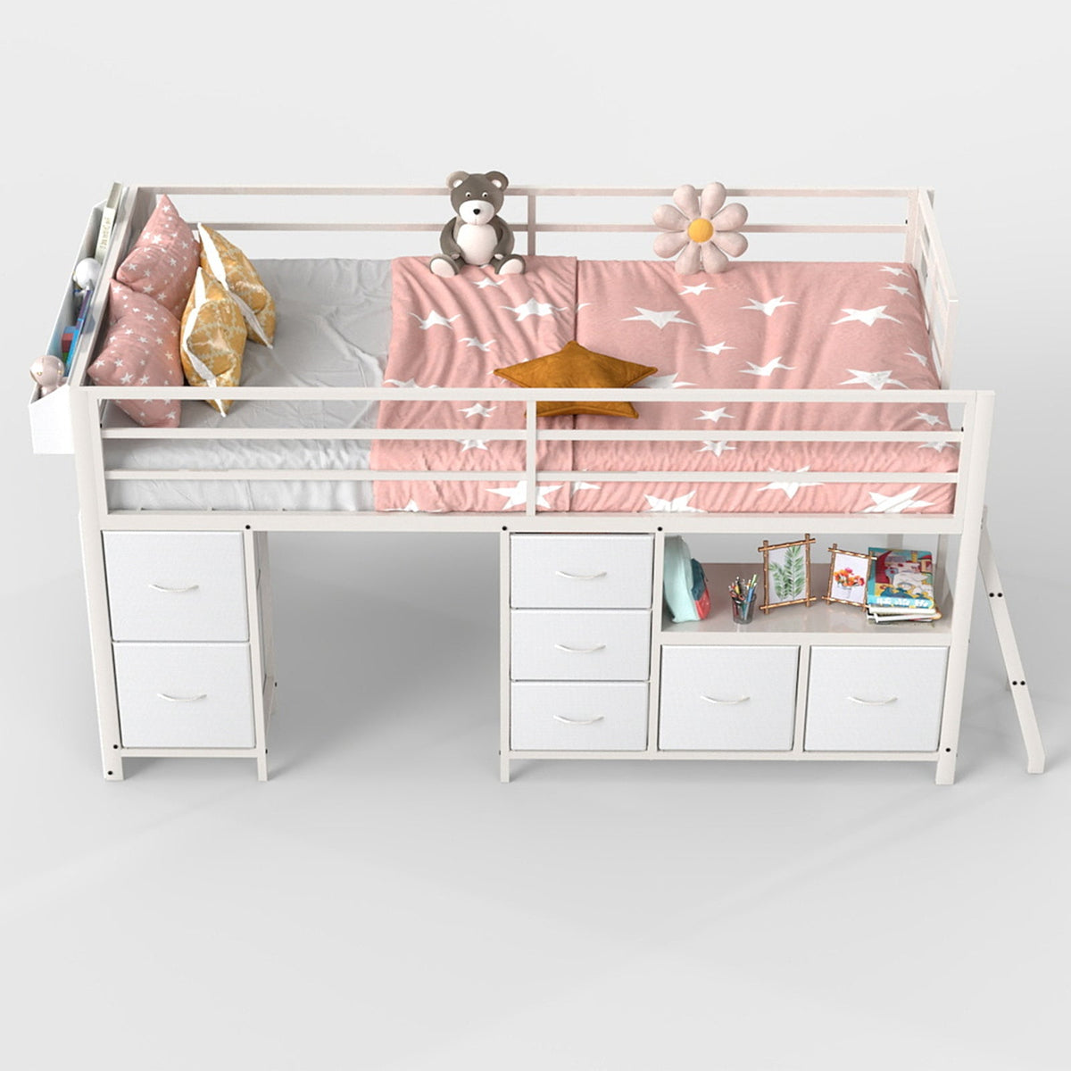 Kids Twin Low Loft Bed with Seven Drawers, Bookcase, RGB LED Lights and Under-Bed Play Area - Sonkuki
