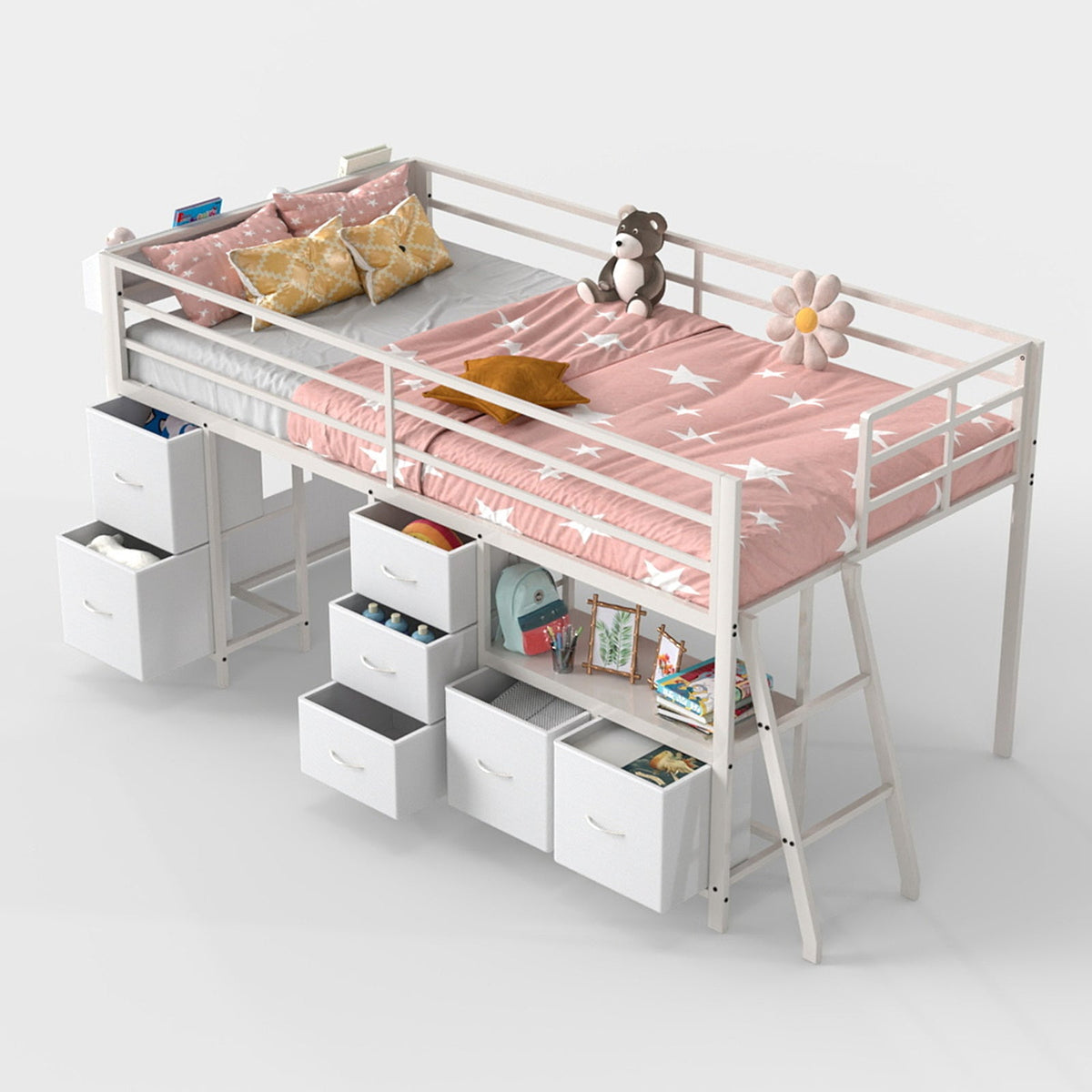 Kids Twin Low Loft Bed with Seven Drawers, Bookcase, RGB LED Lights and Under-Bed Play Area - Sonkuki