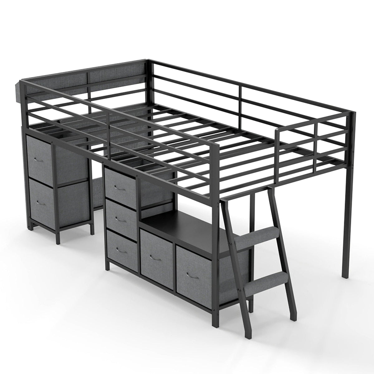 Kids Twin Low Loft Bed with Seven Drawers, Bookcase, RGB LED Lights and Under-Bed Play Area - Sonkuki