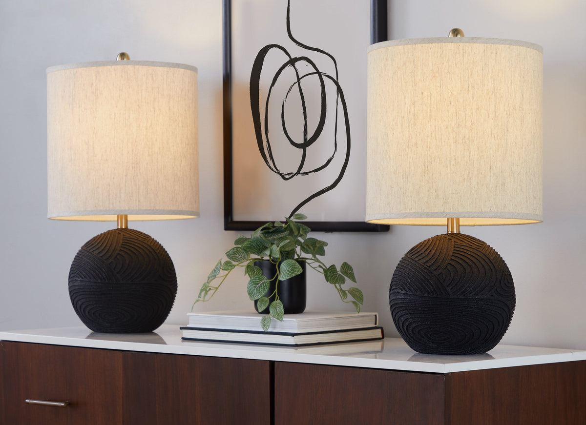 Kona 23" Contemporary Polyresin Table Lamp in Matte Black Polyresin, Modern Brass and Natural Linen Shade from Grandview Gallery by LumiSource - Set of 2 - Sonkuki