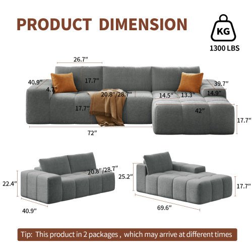 L-shaped modular combination sofa, no assembly required, deep seat sofa with 3 cushions, soft fabric upholstery, suitable for modern lounge chairs in living rooms and bedrooms - Sonkuki