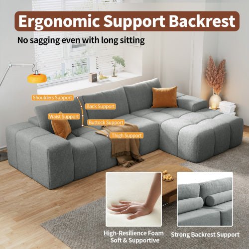 L-shaped modular combination sofa, no assembly required, deep seat sofa with 3 cushions, soft fabric upholstery, suitable for modern lounge chairs in living rooms and bedrooms - Sonkuki
