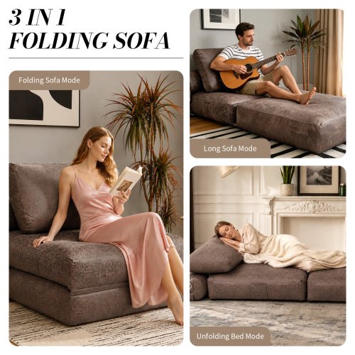 Lazy Sofa Bean Bag Chair,Folding Sofa Bed,Comfy Portable Convertible Fold Out Lounge Chairs for Living Room Bedroom.Tech Fabric with faux‑leather appearance,Brown - Sonkuki