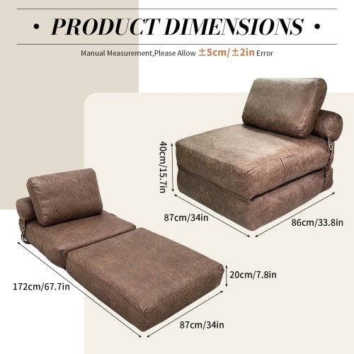 Lazy Sofa Bean Bag Chair,Folding Sofa Bed,Comfy Portable Convertible Fold Out Lounge Chairs for Living Room Bedroom.Tech Fabric with faux‑leather appearance,Brown - Sonkuki