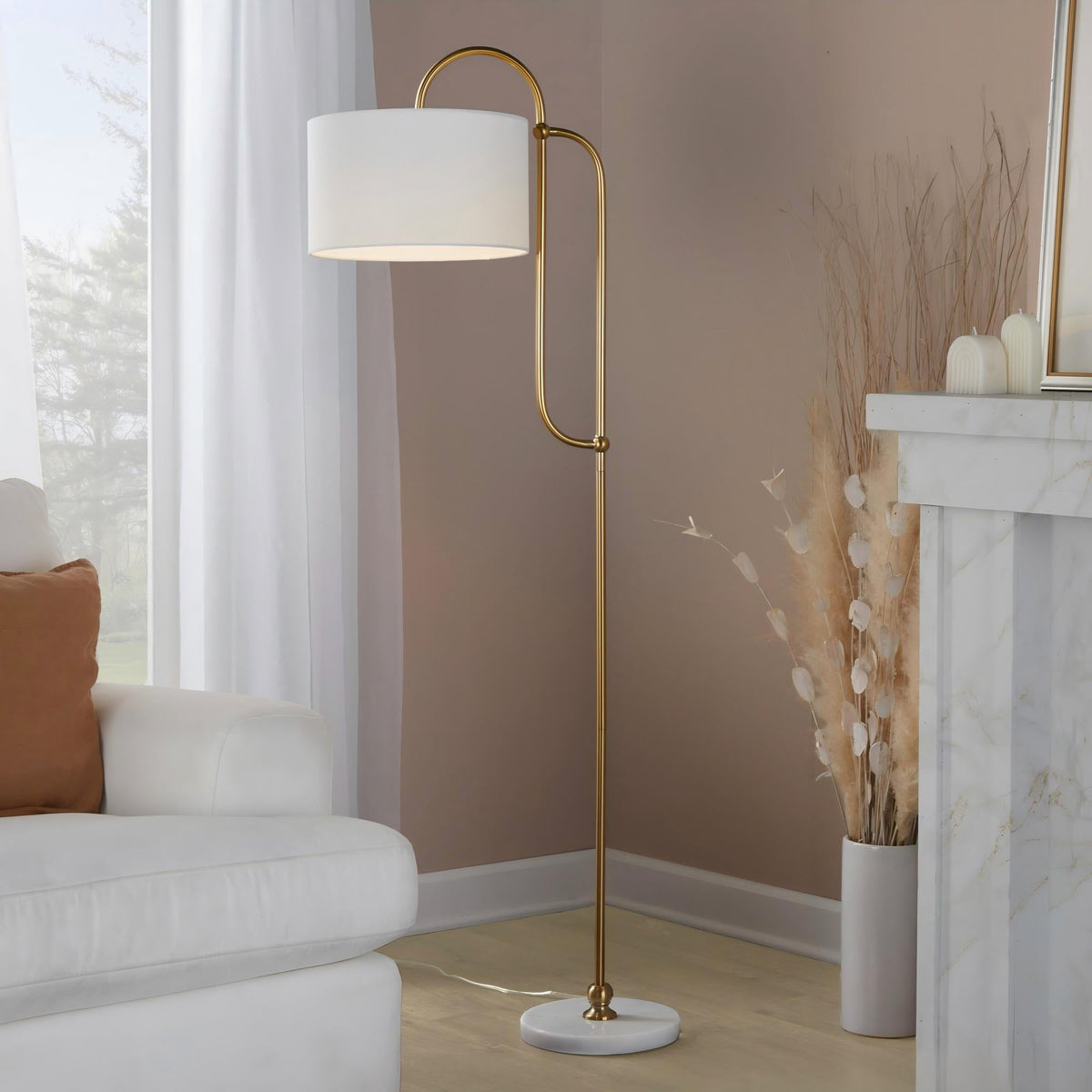 Leslie 63" Glam/art Deco Metal Floor Lamp in White Marble and Gold Metal with White Linen Shade by LumiSource - Sonkuki