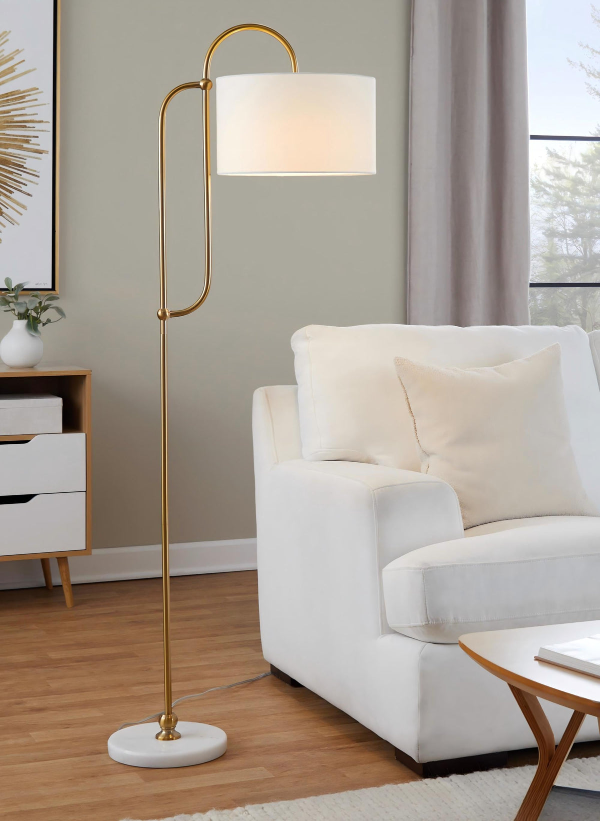 Leslie 63" Glam/art Deco Metal Floor Lamp in White Marble and Gold Metal with White Linen Shade by LumiSource - Sonkuki