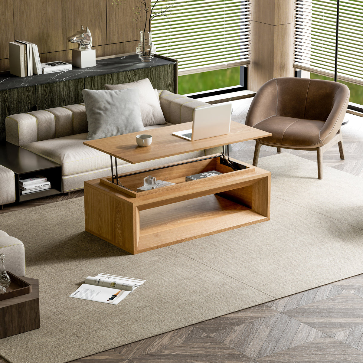 Lift-top Coffee Table Solid Wood Veneered Modern Coffee Table Accent Tea Table with Storage and Adjustable Height for Living Room, Bedroom, Apartment or Office - Sonkuki