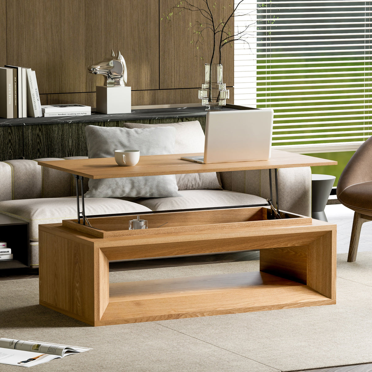 Lift-top Coffee Table Solid Wood Veneered Modern Coffee Table Accent Tea Table with Storage and Adjustable Height for Living Room, Bedroom, Apartment or Office - Sonkuki