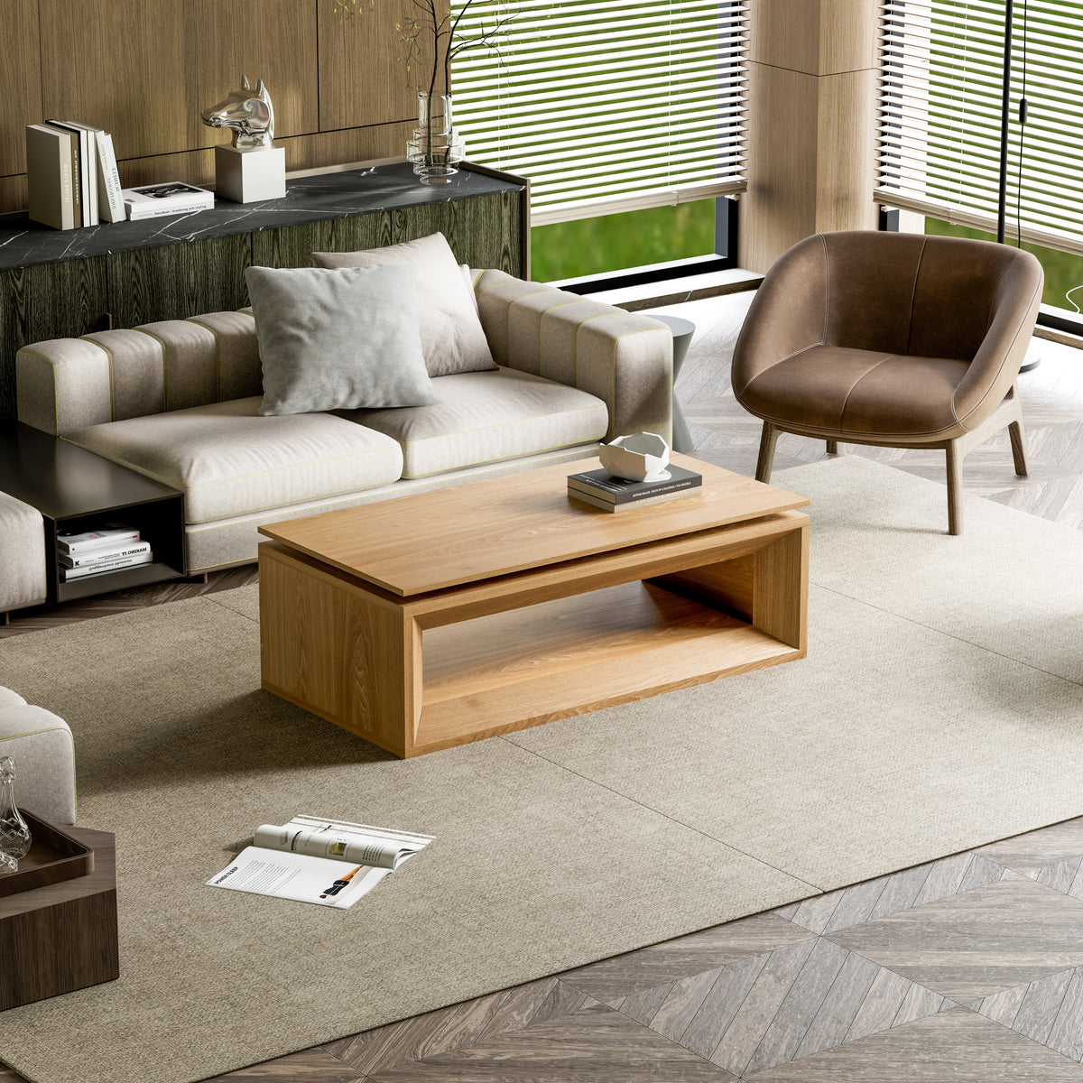 Lift-top Coffee Table Solid Wood Veneered Modern Coffee Table Accent Tea Table with Storage and Adjustable Height for Living Room, Bedroom, Apartment or Office - Sonkuki