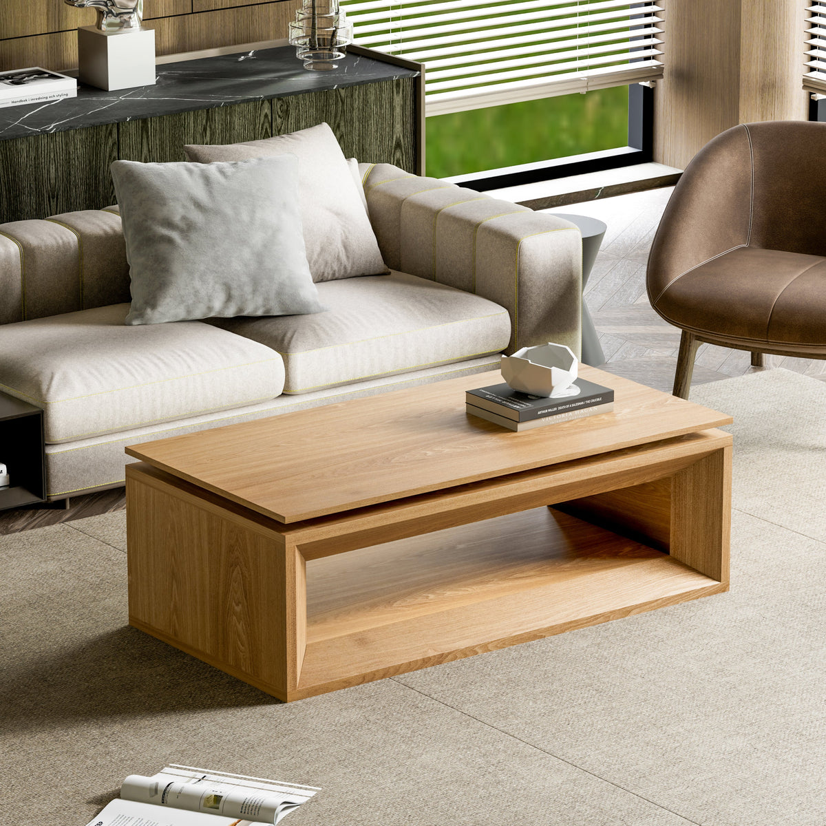 Lift-top Coffee Table Solid Wood Veneered Modern Coffee Table Accent Tea Table with Storage and Adjustable Height for Living Room, Bedroom, Apartment or Office - Sonkuki