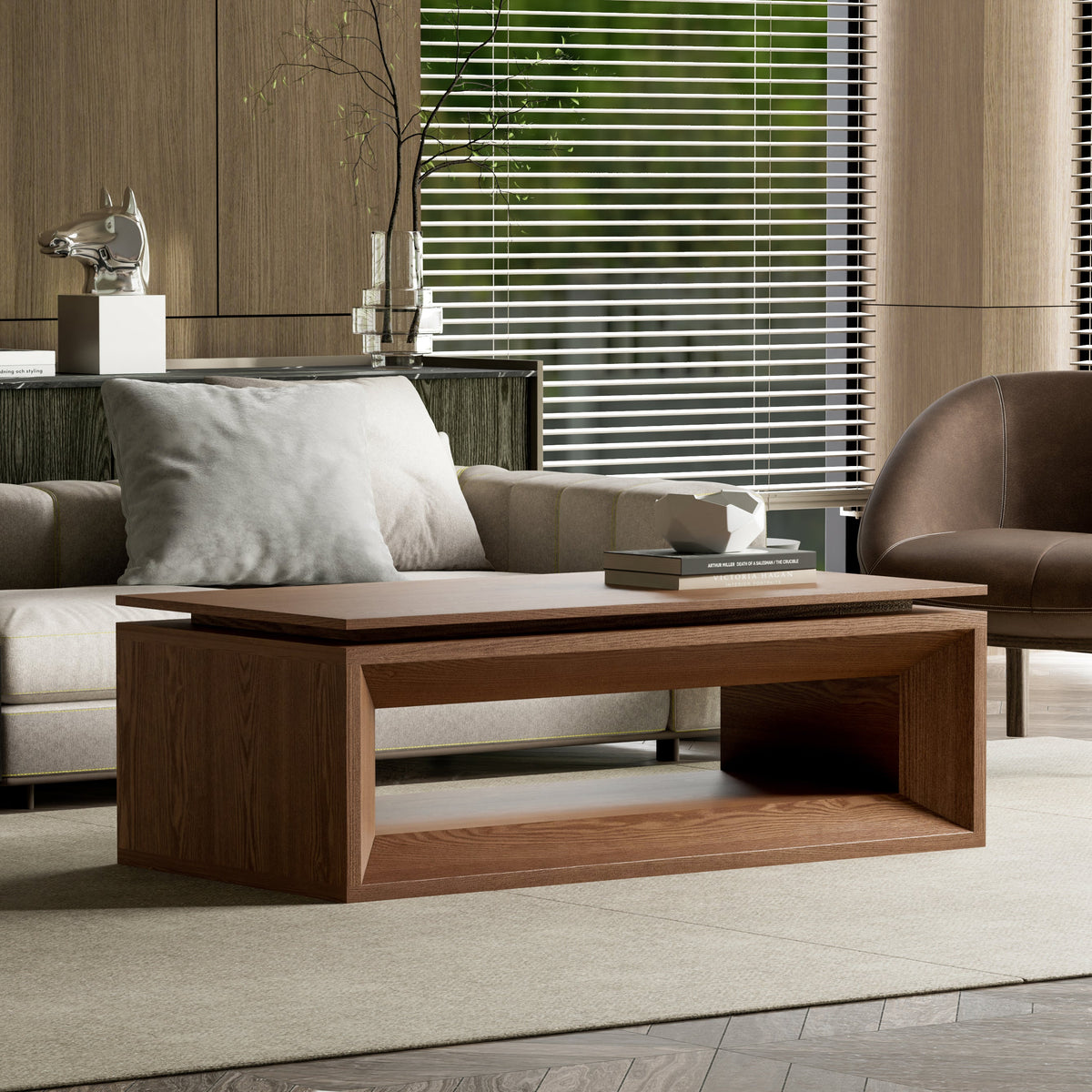 Lift-top Coffee Table Solid Wood Veneered Modern Coffee Table Accent Tea Table with Storage and Adjustable Height for Living Room, Bedroom, Apartment or Office - Sonkuki