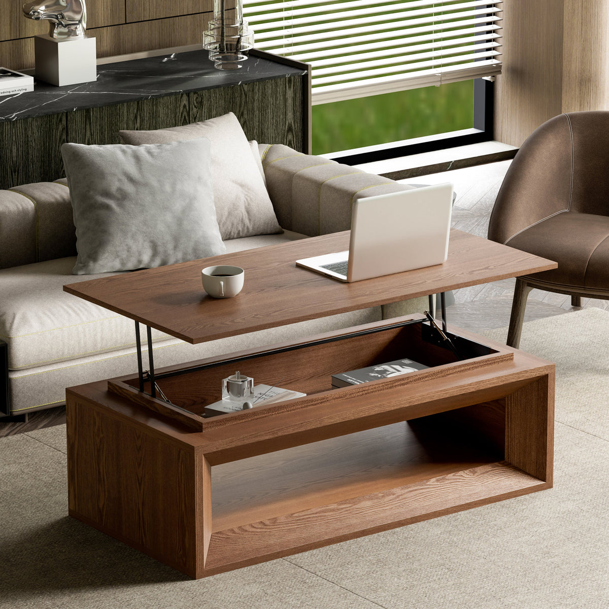 Lift-top Coffee Table Solid Wood Veneered Modern Coffee Table Accent Tea Table with Storage and Adjustable Height for Living Room, Bedroom, Apartment or Office - Sonkuki