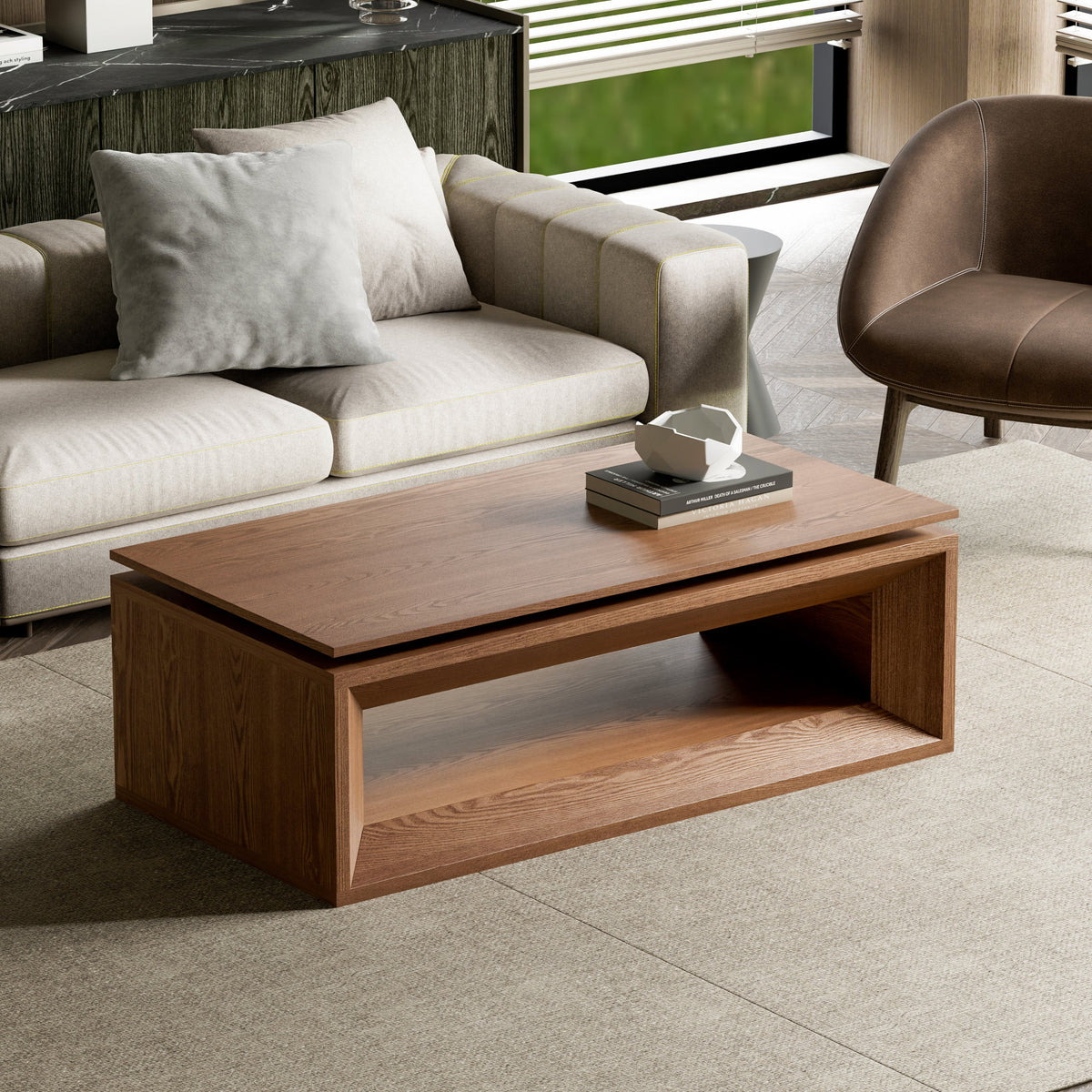 Lift-top Coffee Table Solid Wood Veneered Modern Coffee Table Accent Tea Table with Storage and Adjustable Height for Living Room, Bedroom, Apartment or Office - Sonkuki