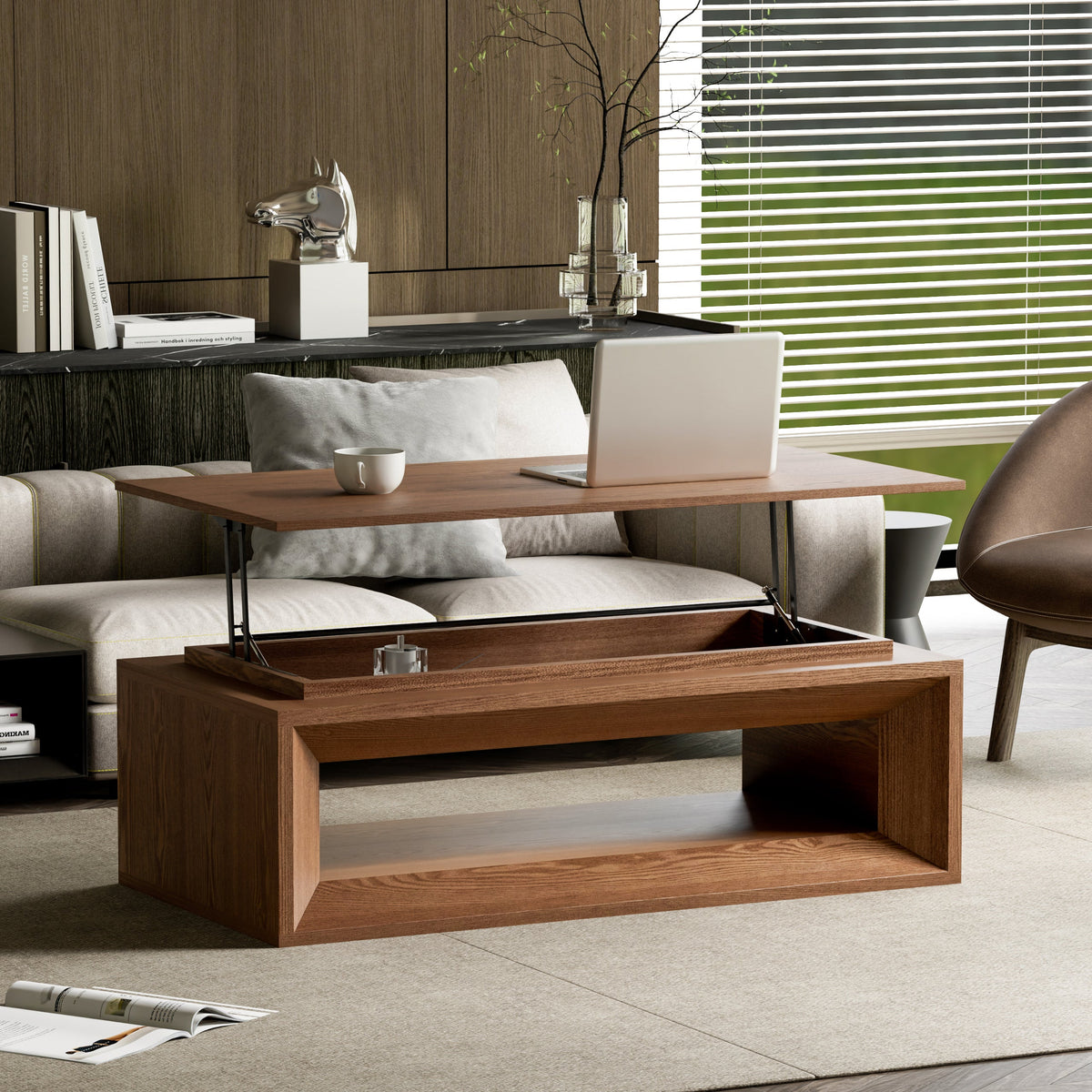 Lift-top Coffee Table Solid Wood Veneered Modern Coffee Table Accent Tea Table with Storage and Adjustable Height for Living Room, Bedroom, Apartment or Office - Sonkuki