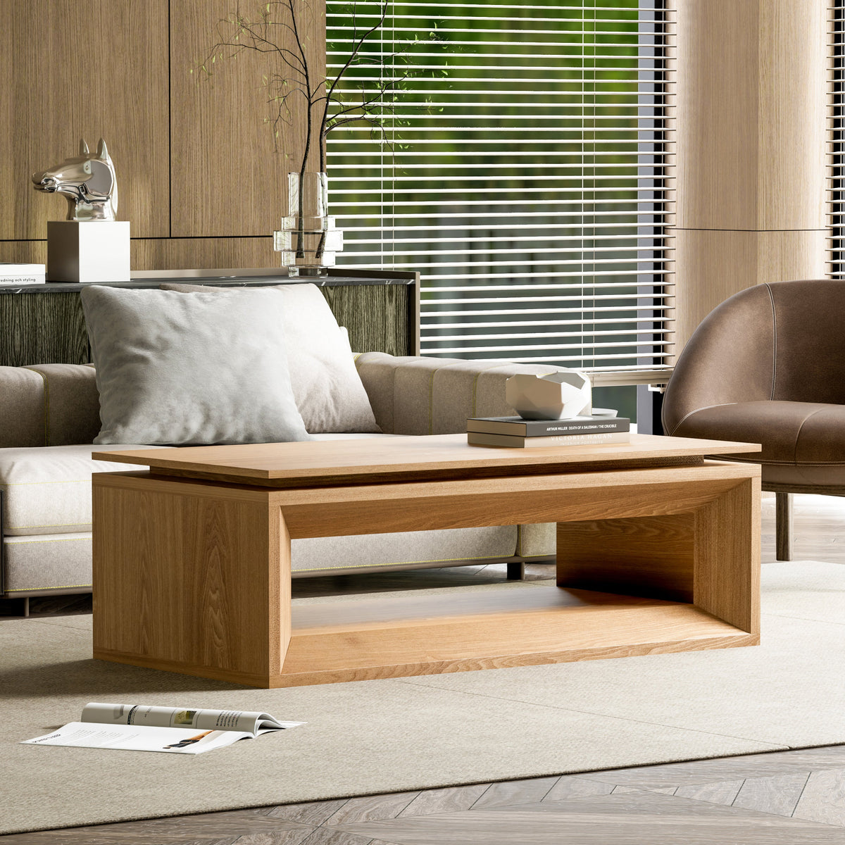 Lift-top Coffee Table Solid Wood Veneered Modern Coffee Table Accent Tea Table with Storage and Adjustable Height for Living Room, Bedroom, Apartment or Office - Sonkuki
