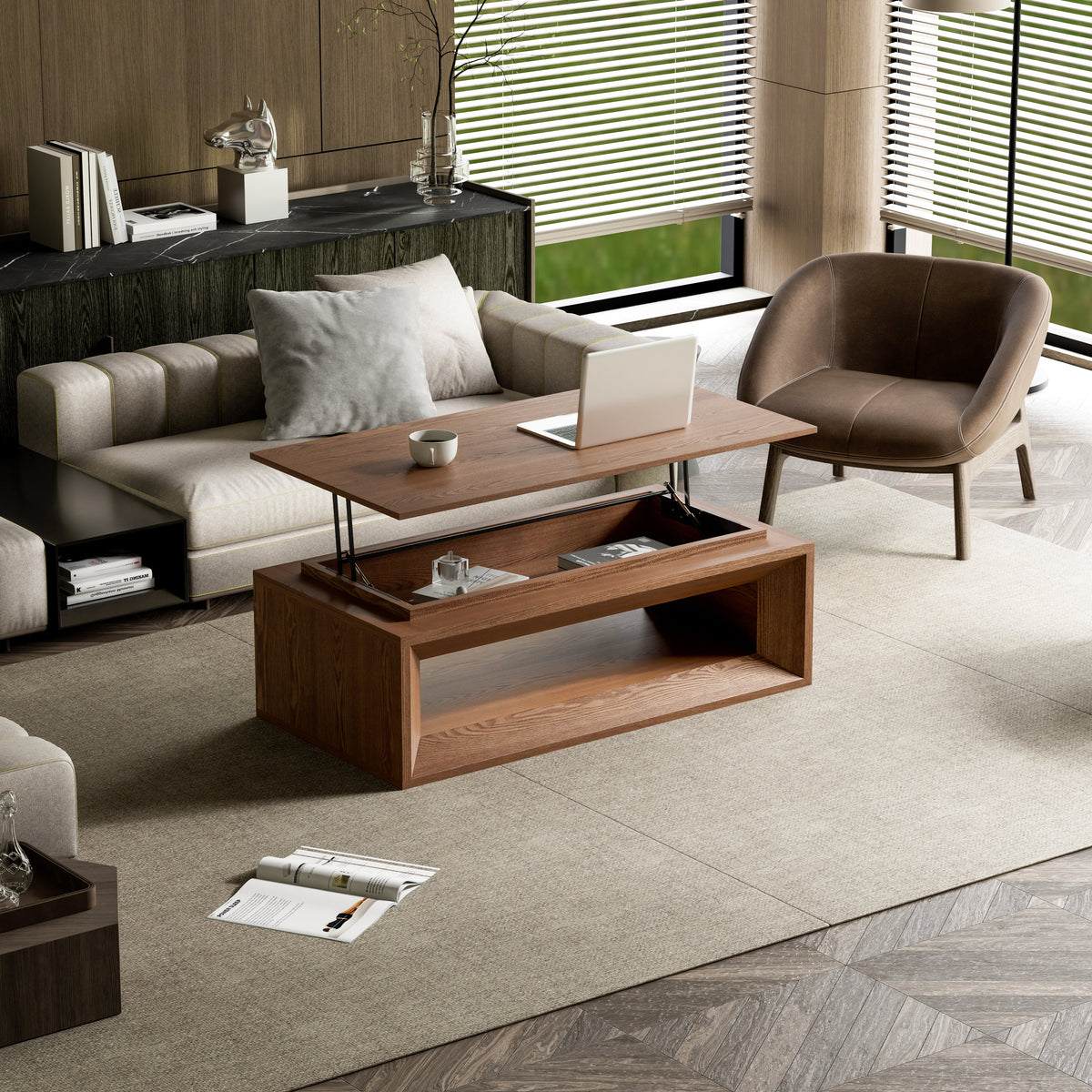 Lift-top Coffee Table Solid Wood Veneered Modern Coffee Table Accent Tea Table with Storage and Adjustable Height for Living Room, Bedroom, Apartment or Office - Sonkuki
