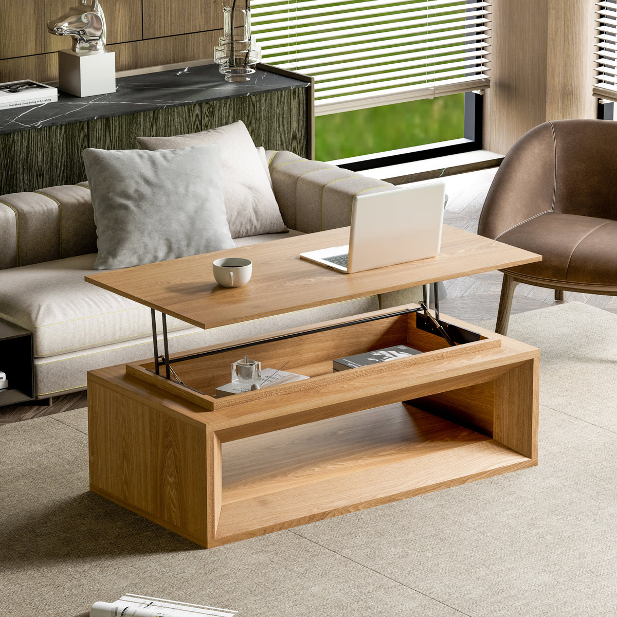 Lift-top Coffee Table Solid Wood Veneered Modern Coffee Table Accent Tea Table with Storage and Adjustable Height for Living Room, Bedroom, Apartment or Office - Sonkuki