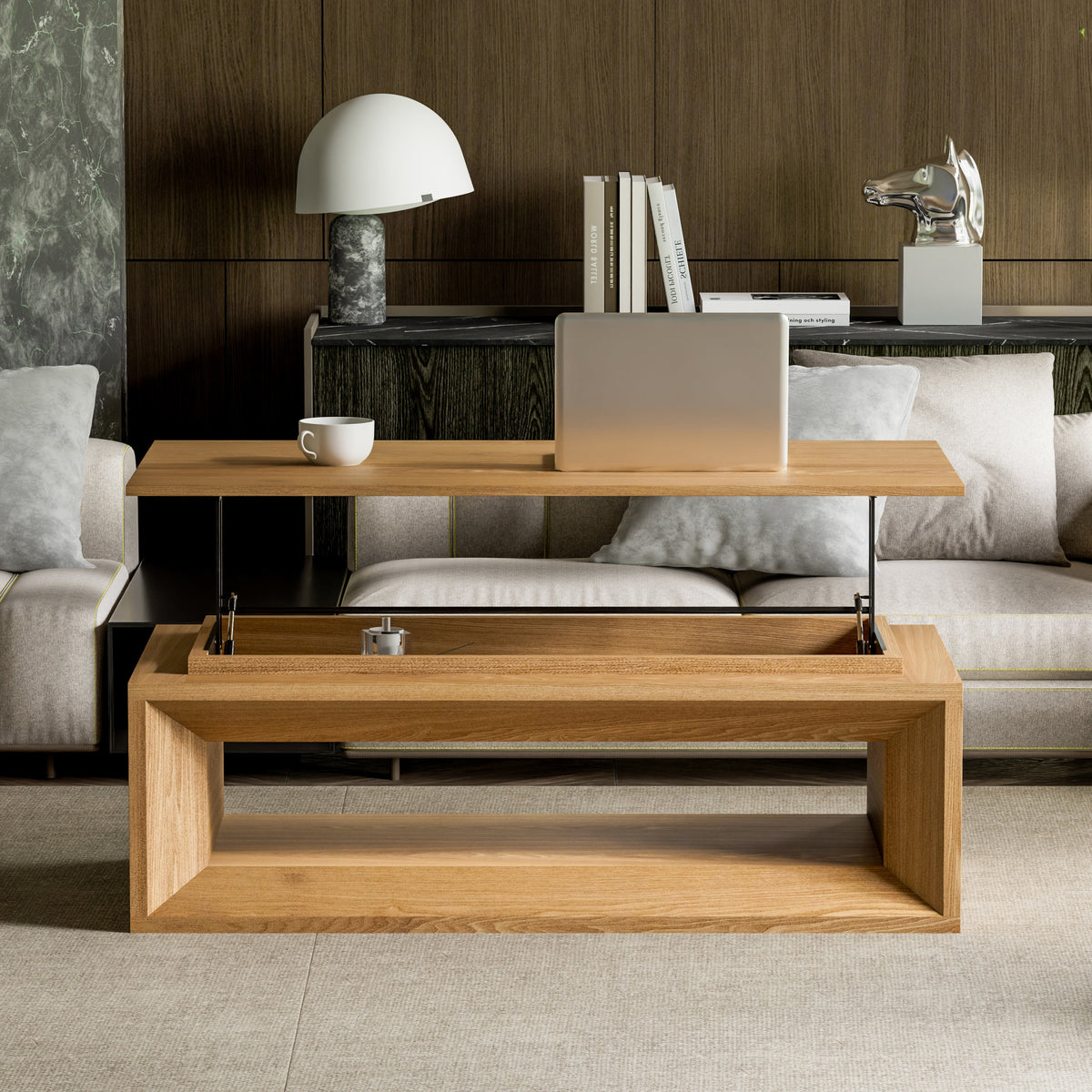 Lift-top Coffee Table Solid Wood Veneered Modern Coffee Table Accent Tea Table with Storage and Adjustable Height for Living Room, Bedroom, Apartment or Office - Sonkuki