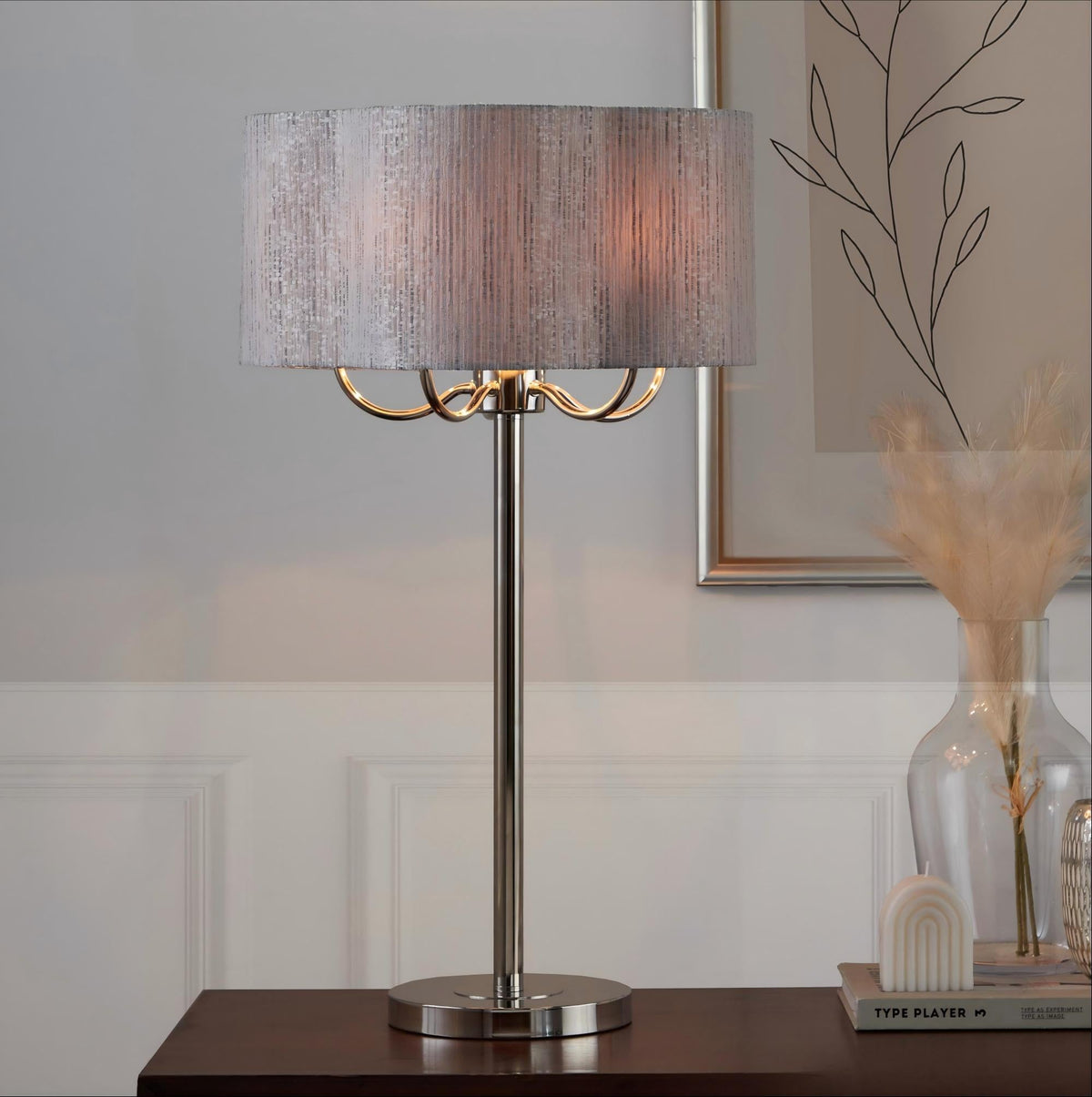 Lily 30" Contemporary Metal Table Lamp in Polished Nickel with Grey Linen Hardback Shade from Grandview Gallery by LumiSource - Sonkuki