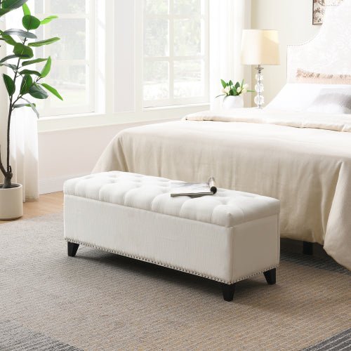 Linen-Look Tufted Storage Bench with Nailhead Trim - Sonkuki