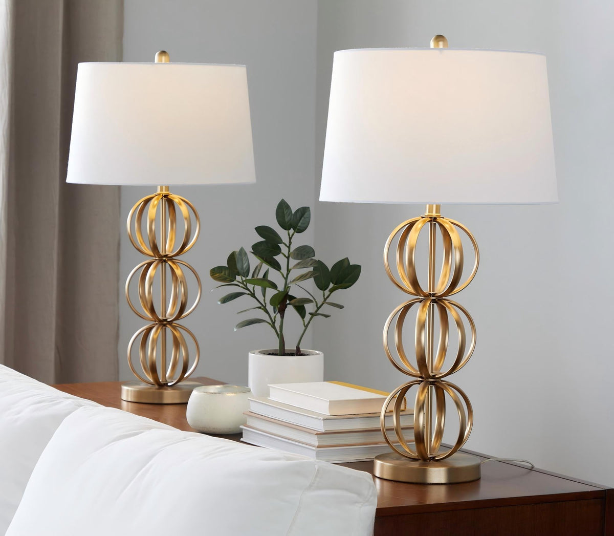Linx 29" Contemporary Metal Table Lamp in Gold Metal and White Linen Shade from Grandview Gallery by LumiSource - Set of 2 - Sonkuki