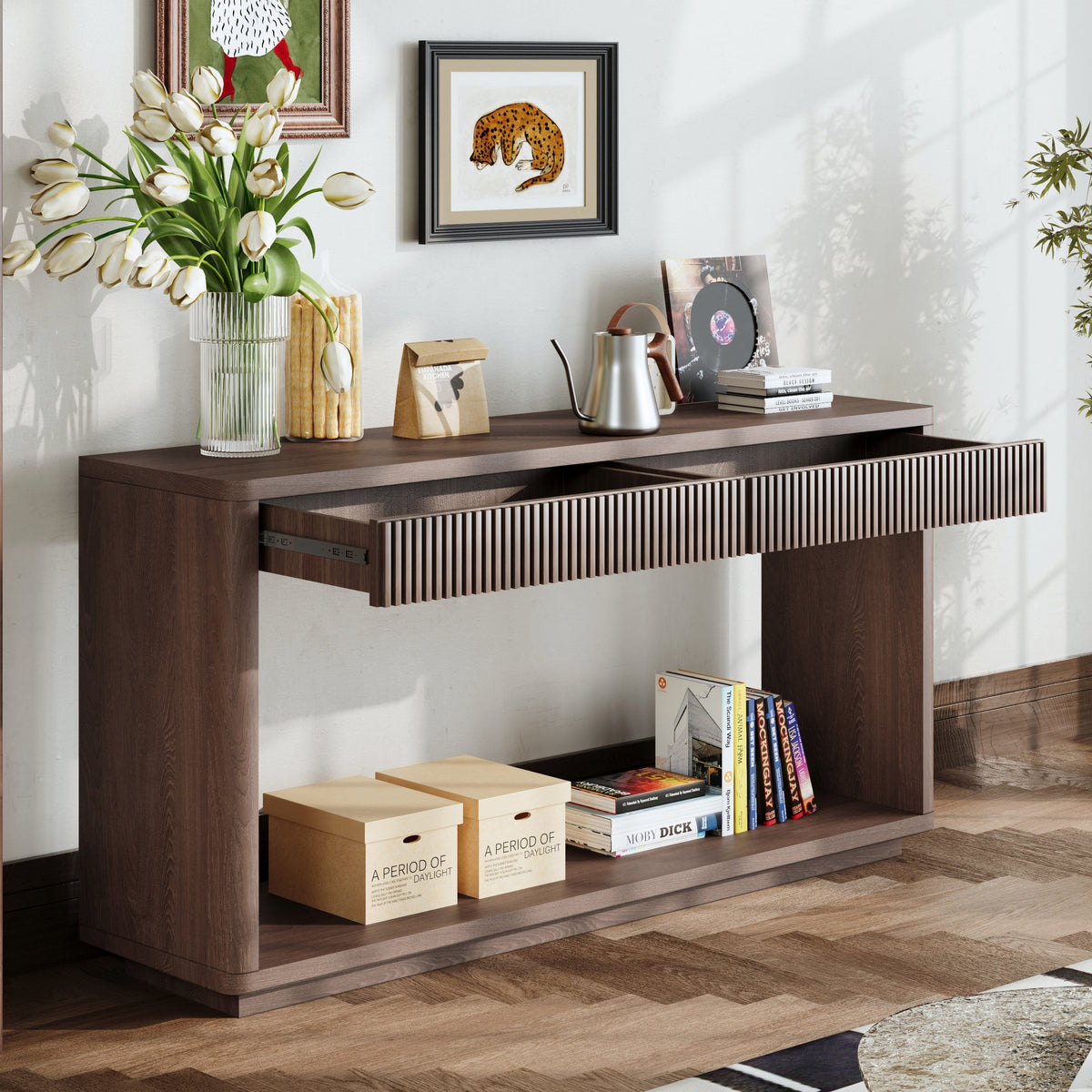 Modern 2-Drawer Fluted Console Table Natural Wood Veneer Sofa Table Behind Couch Table for Living Room, Hallway, Entryway, Home Office - Sonkuki