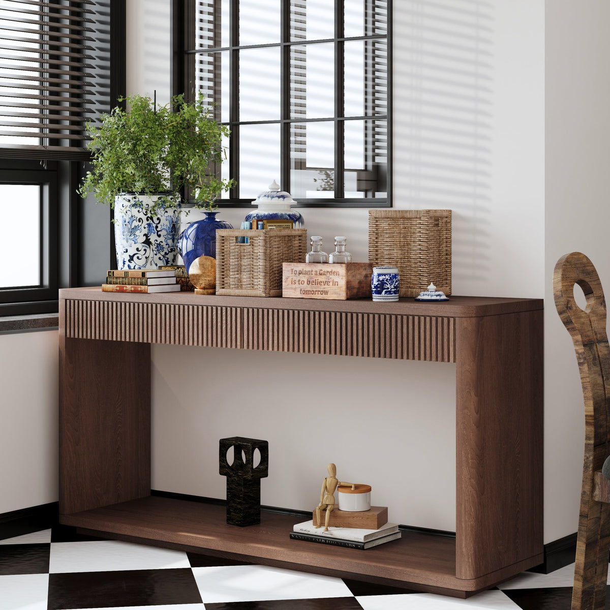 Modern 2-Drawer Fluted Console Table Natural Wood Veneer Sofa Table Behind Couch Table for Living Room, Hallway, Entryway, Home Office - Sonkuki