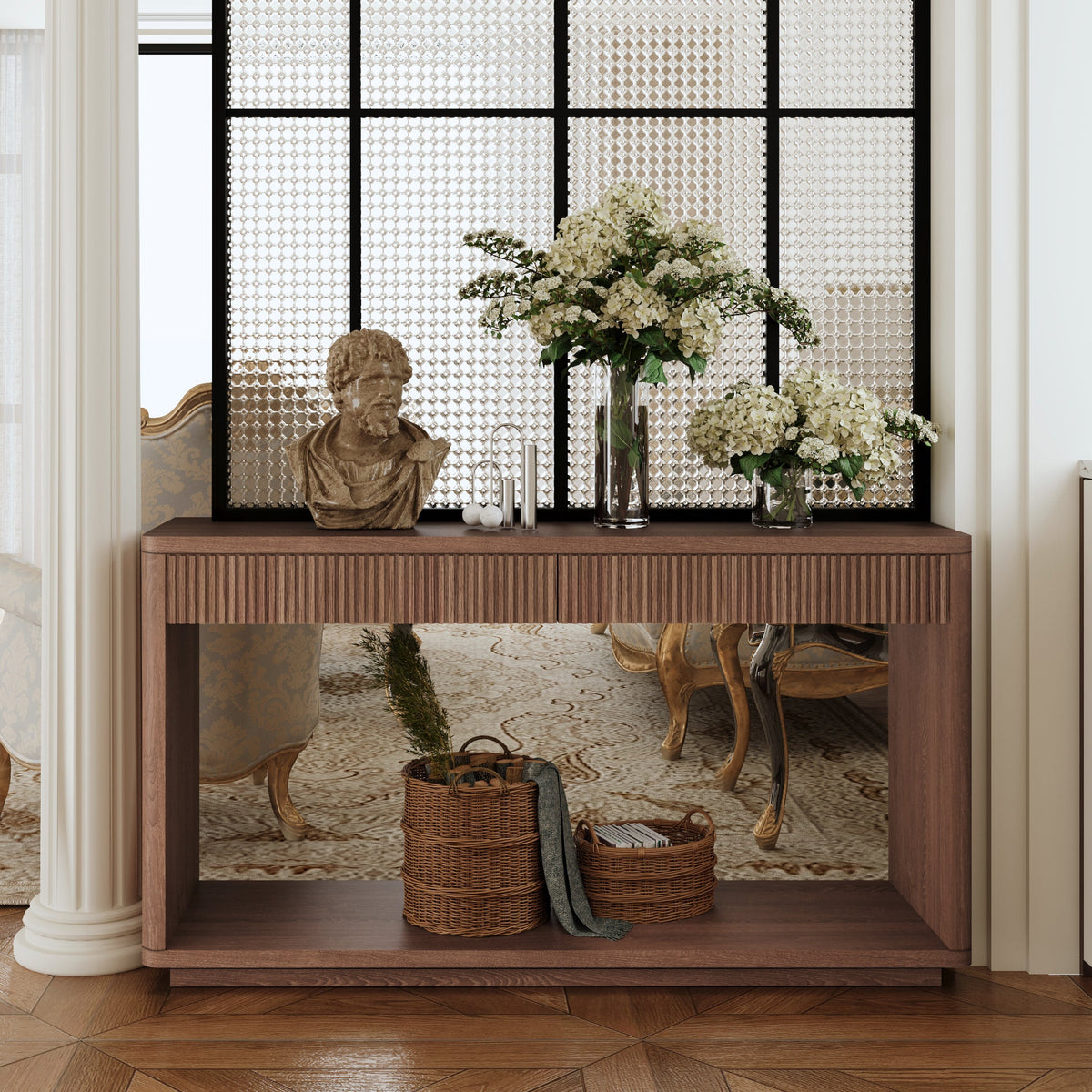 Modern 2-Drawer Fluted Console Table Natural Wood Veneer Sofa Table Behind Couch Table for Living Room, Hallway, Entryway, Home Office - Sonkuki