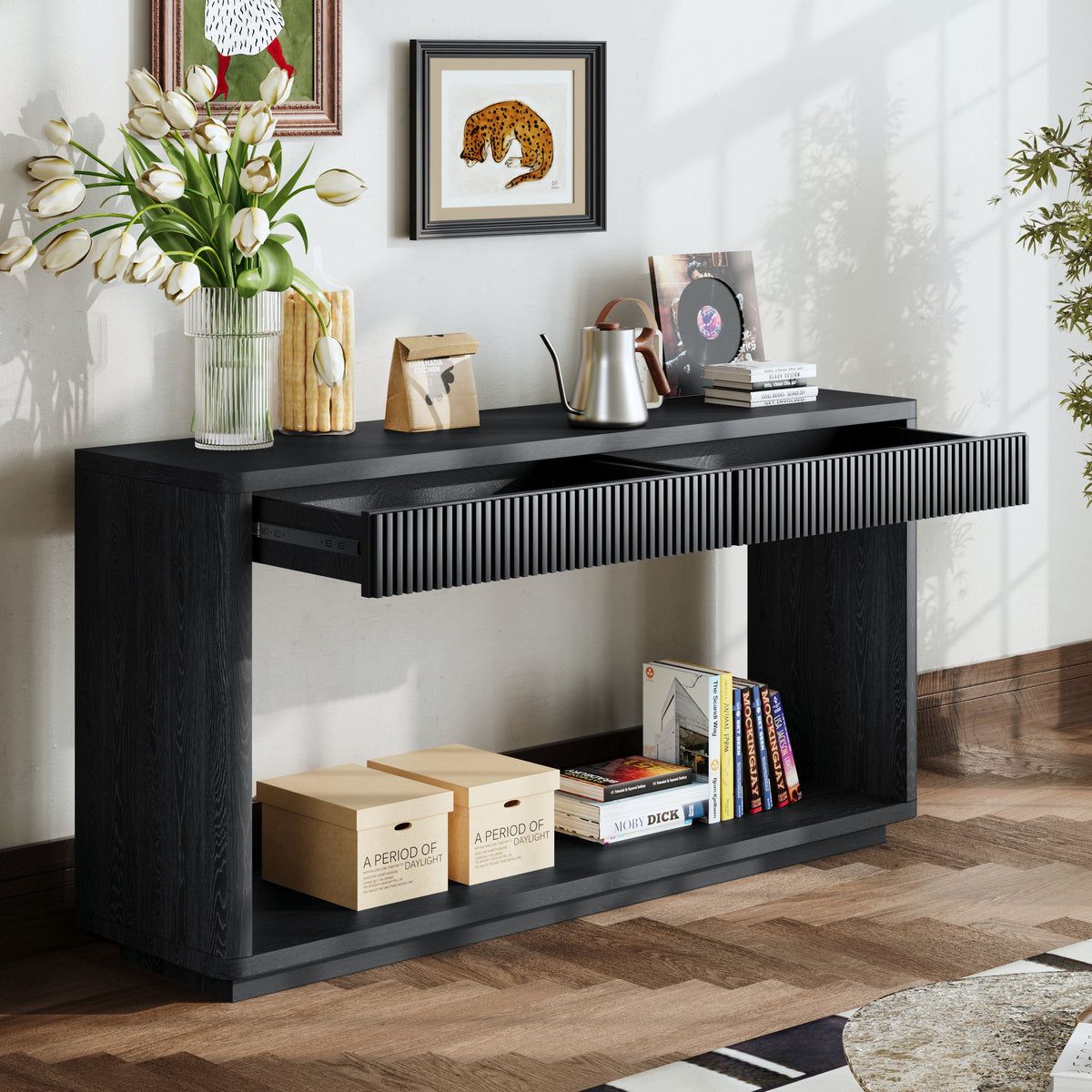 Modern 2-Drawer Fluted Console Table Natural Wood Veneer Sofa Table Behind Couch Table for Living Room, Hallway, Entryway, Home Office - Sonkuki