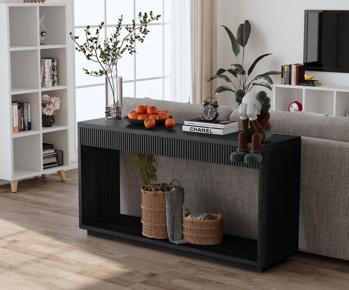 Modern 2-Drawer Fluted Console Table Natural Wood Veneer Sofa Table Behind Couch Table for Living Room, Hallway, Entryway, Home Office - Sonkuki