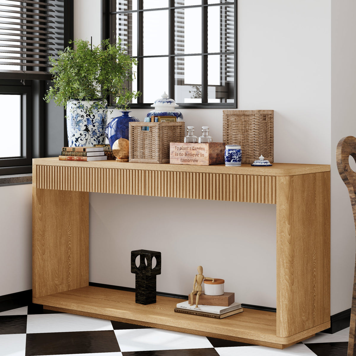 Modern 2-Drawer Fluted Console Table Natural Wood Veneer Sofa Table Behind Couch Table for Living Room, Hallway, Entryway, Home Office - Sonkuki