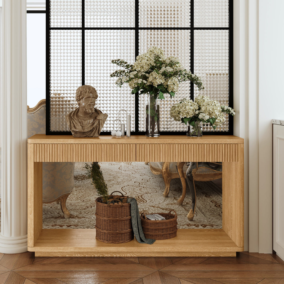 Modern 2-Drawer Fluted Console Table Natural Wood Veneer Sofa Table Behind Couch Table for Living Room, Hallway, Entryway, Home Office - Sonkuki