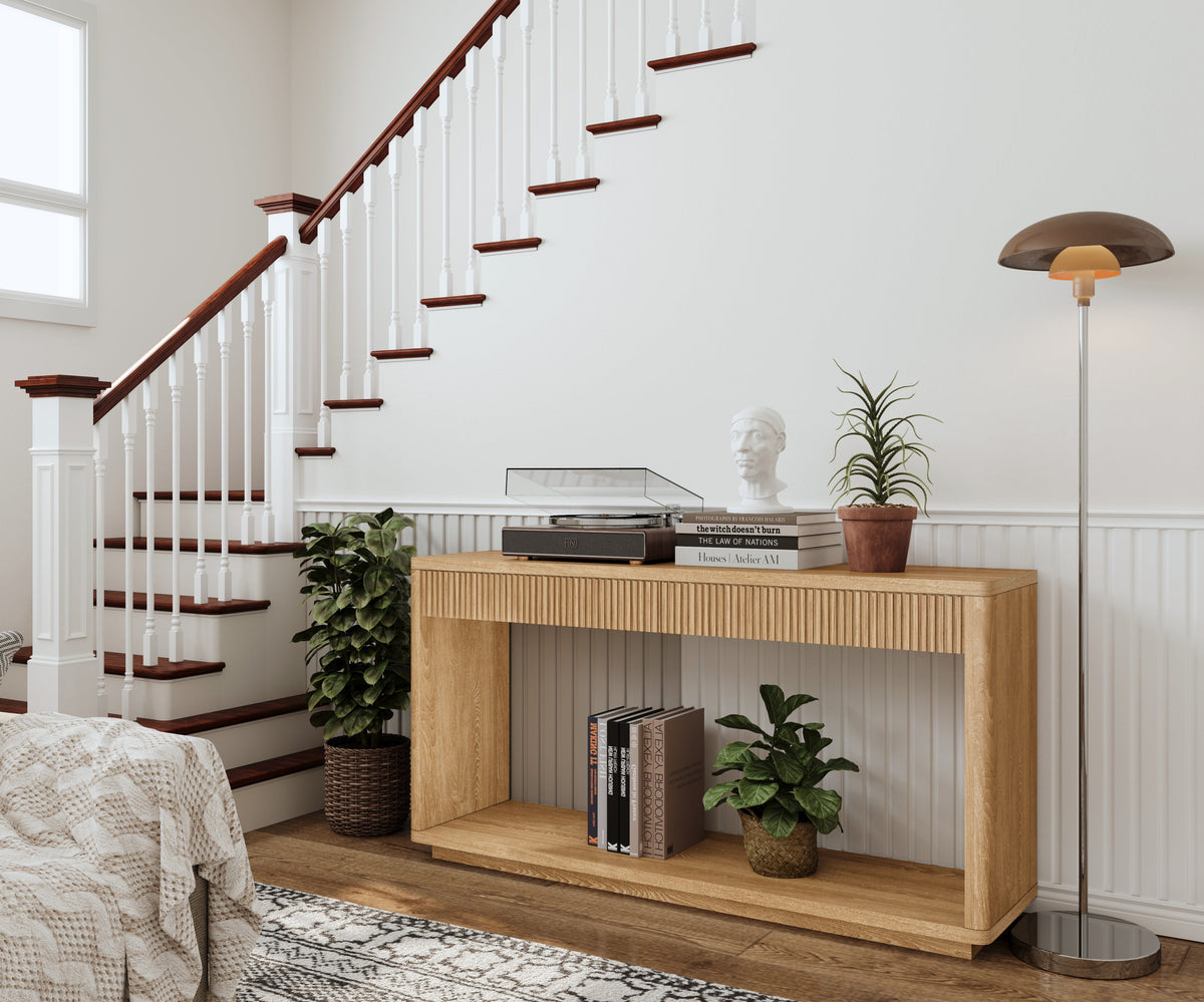 Modern 2-Drawer Fluted Console Table Natural Wood Veneer Sofa Table Behind Couch Table for Living Room, Hallway, Entryway, Home Office - Sonkuki