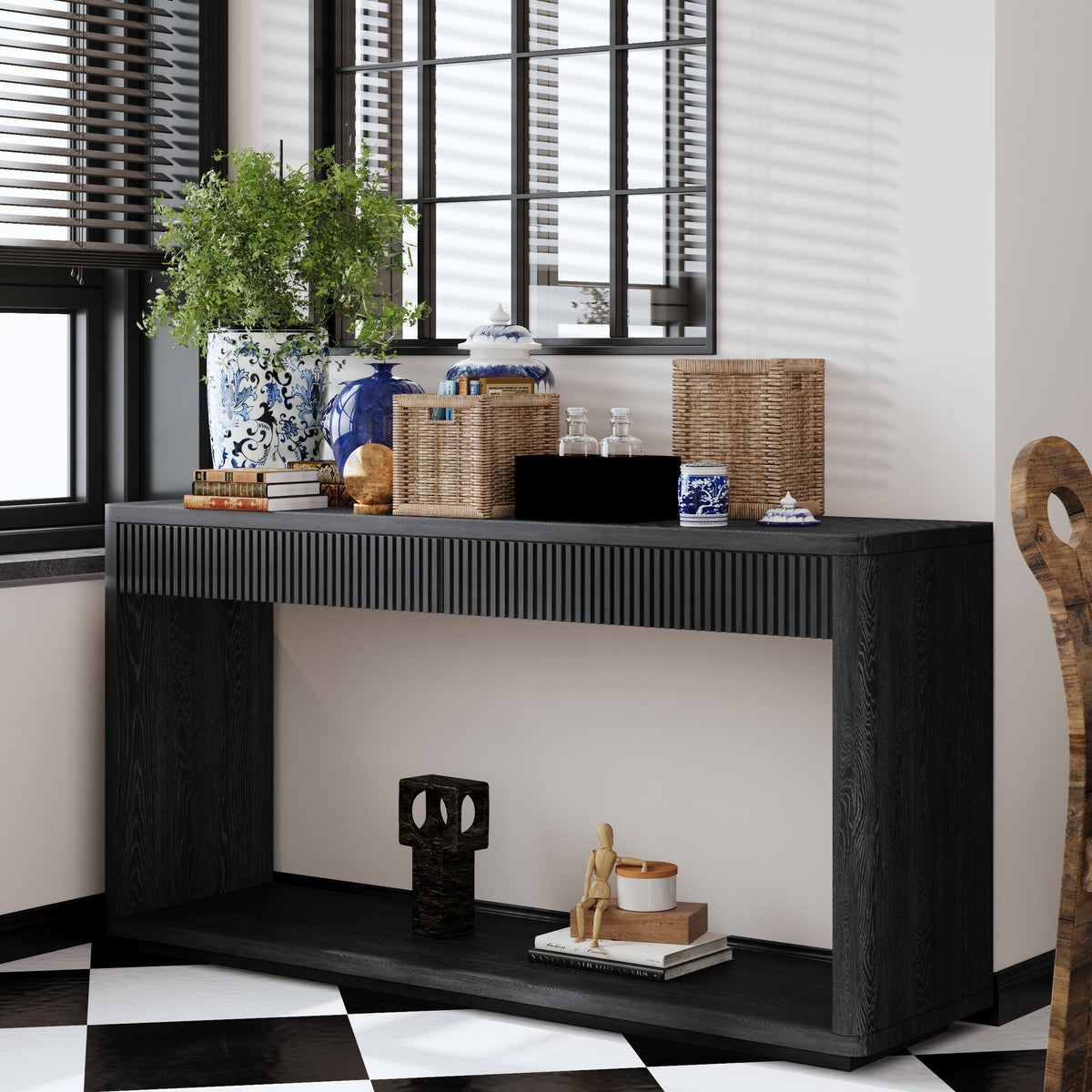 Modern 2-Drawer Fluted Console Table Natural Wood Veneer Sofa Table Behind Couch Table for Living Room, Hallway, Entryway, Home Office - Sonkuki
