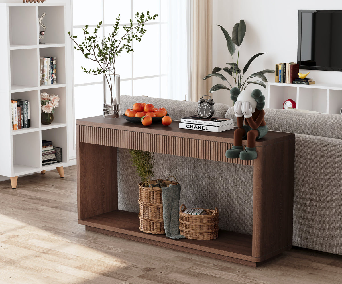 Modern 2-Drawer Fluted Console Table Natural Wood Veneer Sofa Table Behind Couch Table for Living Room, Hallway, Entryway, Home Office - Sonkuki