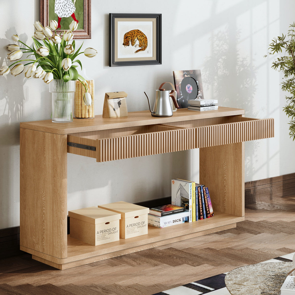 Modern 2-Drawer Fluted Console Table Natural Wood Veneer Sofa Table Behind Couch Table for Living Room, Hallway, Entryway, Home Office - Sonkuki