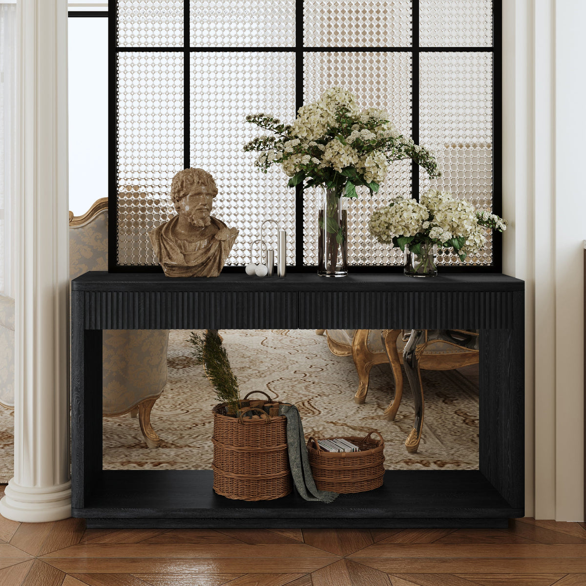 Modern 2-Drawer Fluted Console Table Natural Wood Veneer Sofa Table Behind Couch Table for Living Room, Hallway, Entryway, Home Office - Sonkuki