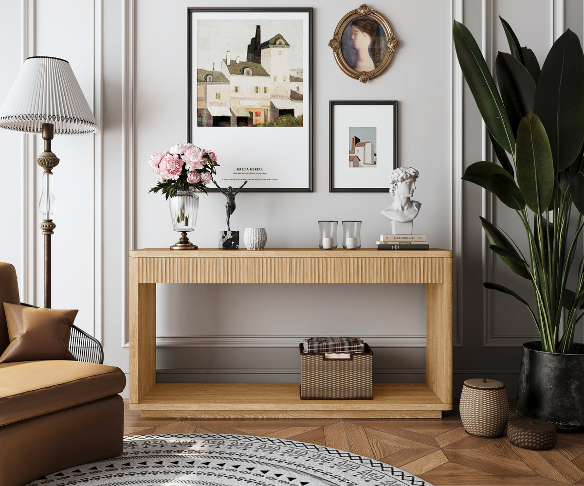 Modern 2-Drawer Fluted Console Table Natural Wood Veneer Sofa Table Behind Couch Table for Living Room, Hallway, Entryway, Home Office - Sonkuki