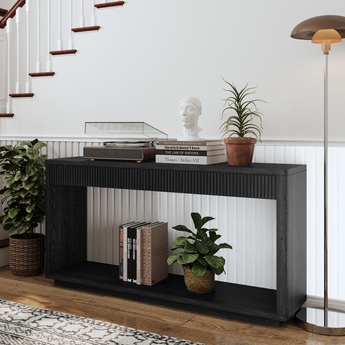 Modern 2-Drawer Fluted Console Table Natural Wood Veneer Sofa Table Behind Couch Table for Living Room, Hallway, Entryway, Home Office - Sonkuki