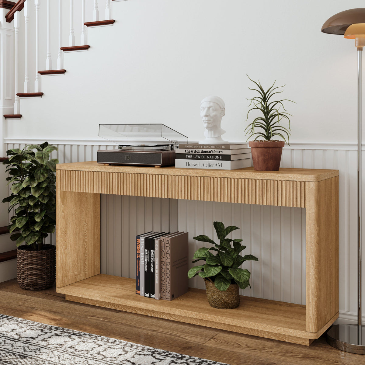 Modern 2-Drawer Fluted Console Table Natural Wood Veneer Sofa Table Behind Couch Table for Living Room, Hallway, Entryway, Home Office - Sonkuki