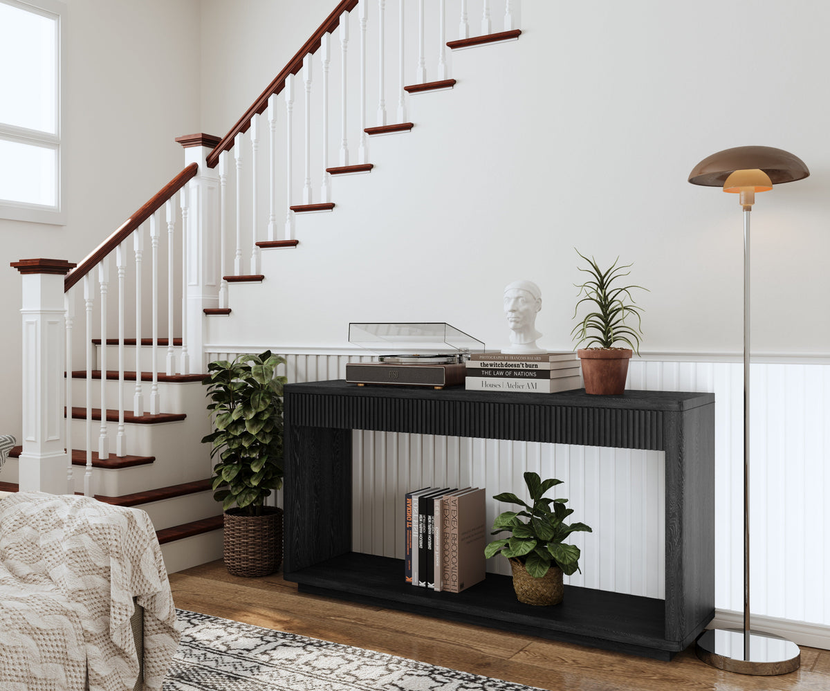 Modern 2-Drawer Fluted Console Table Natural Wood Veneer Sofa Table Behind Couch Table for Living Room, Hallway, Entryway, Home Office - Sonkuki