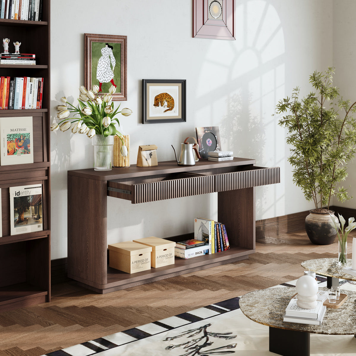 Modern 2-Drawer Fluted Console Table Natural Wood Veneer Sofa Table Behind Couch Table for Living Room, Hallway, Entryway, Home Office - Sonkuki