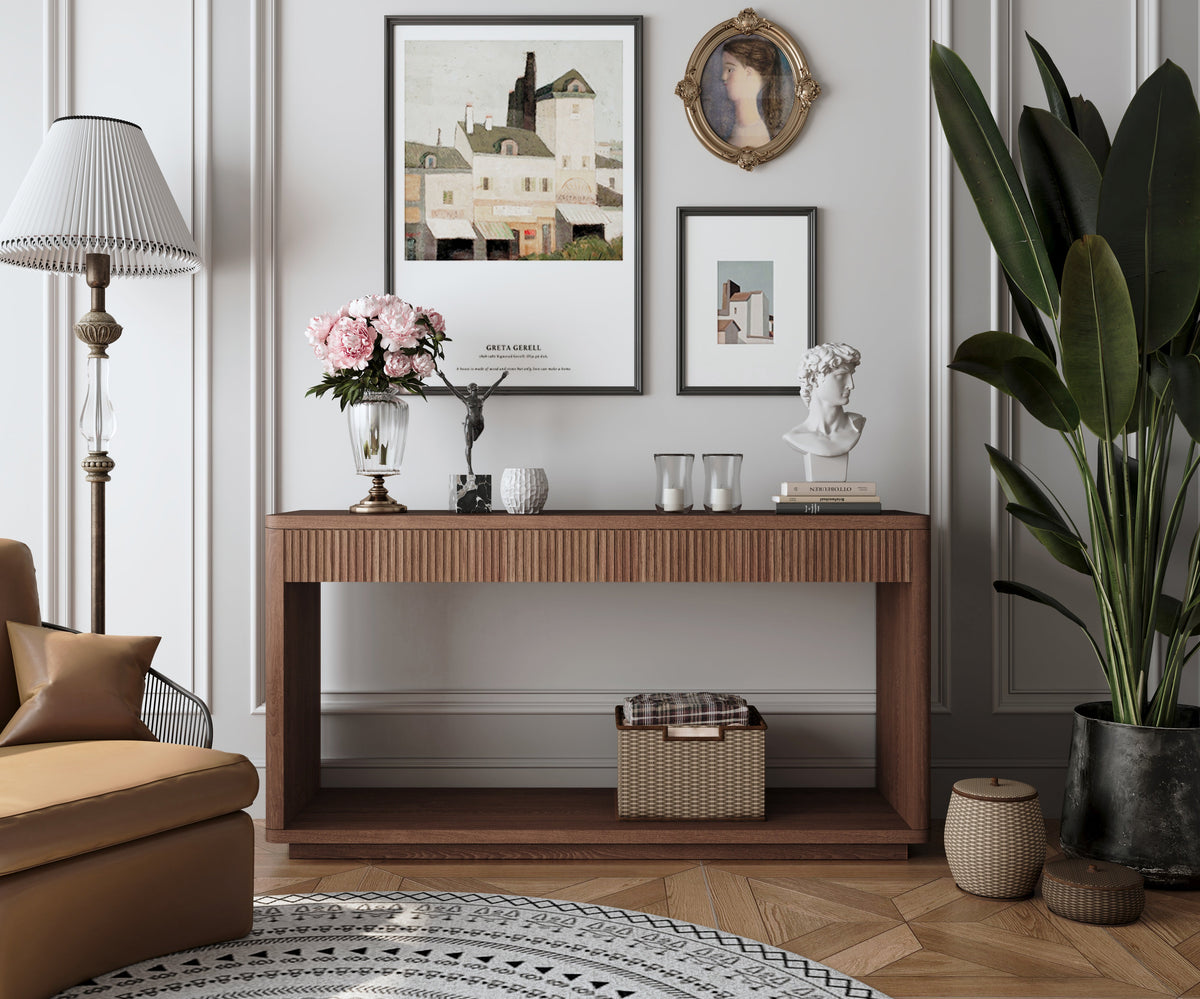 Modern 2-Drawer Fluted Console Table Natural Wood Veneer Sofa Table Behind Couch Table for Living Room, Hallway, Entryway, Home Office - Sonkuki