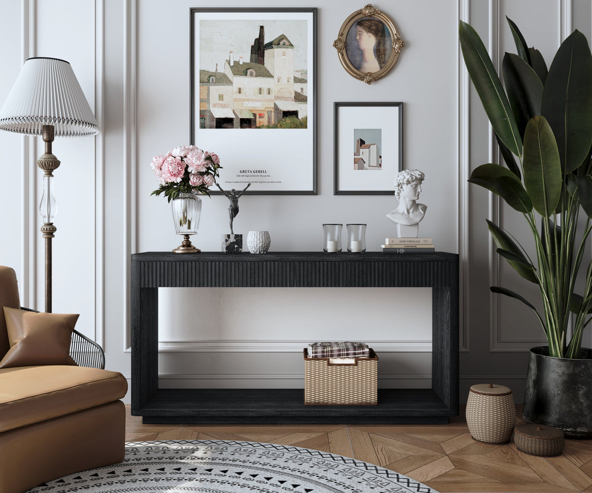 Modern 2-Drawer Fluted Console Table Natural Wood Veneer Sofa Table Behind Couch Table for Living Room, Hallway, Entryway, Home Office - Sonkuki